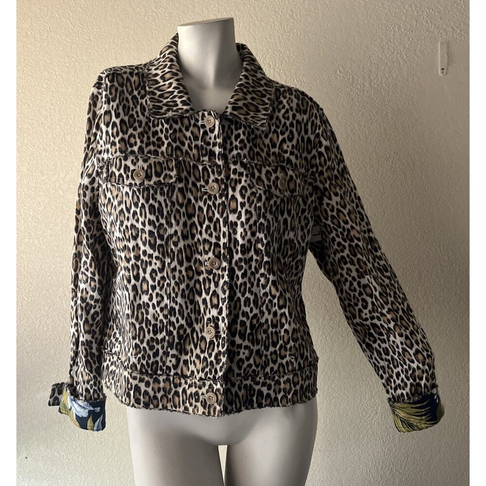 TOMMY BAHAMA TWO PALMS LAGOON LEOPARD 100% LINEN RAW EDGE FLIP CUFF JACKET Large - Picture 2 of 16